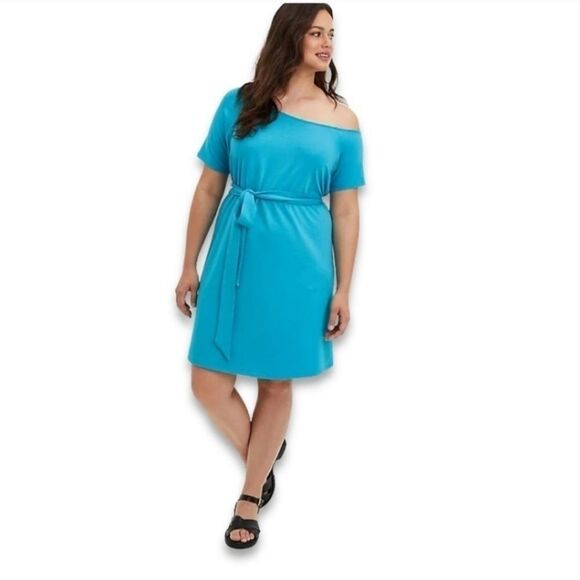 Torrid Mini French Terry Off-Shoulder Teal Tee Shirt Dress 2 2x - Picture 1 of 6